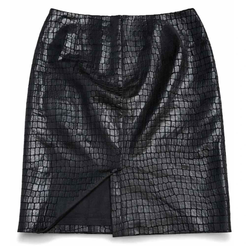 Black Croc Embossed Pencil Skirt Faux Leather Y2K Anne Klein Size 6 Maximalism